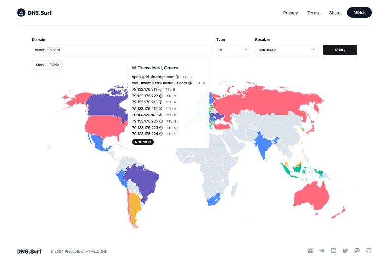 文不如表，表不如图给 DNS.Surf 增加了一个地图展示，可以更直观的看 DNS 在全球各地的解析结果了