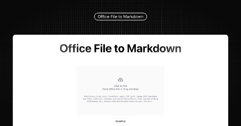 小工具 Office File to Markdown 可以将 Office 文件或其他基于文本类的文件转换为干净的 Markdown基于微软开源的 MarkItDown ，完全在浏览器内运行，使用需要网络通畅不上传文件到服务器，可放心使用