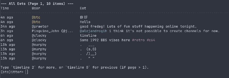 itter sh - 一个基于 SSH 的社交网络我的用户名称是 btc , 欢迎关注 follow btc