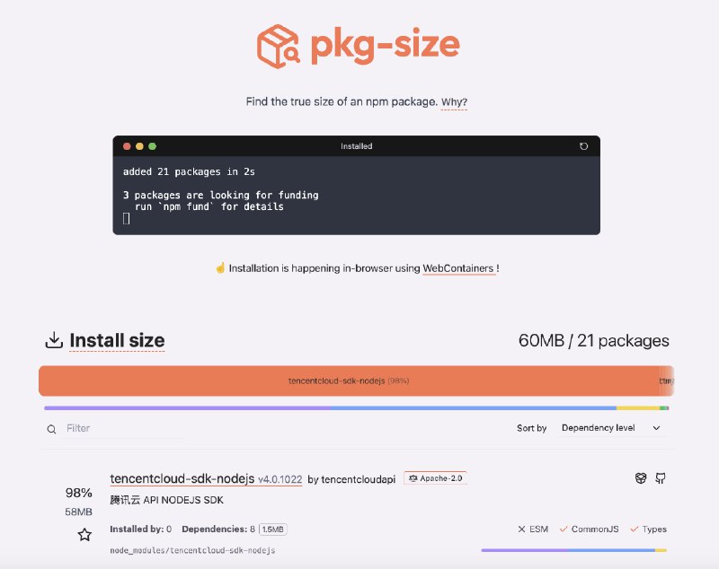 最近腾讯云 SDK 包体大小的问题闹的沸沸扬扬推荐一个 #工具 pkg-size ，可以不安装 NPM 包，在浏览器内直接查看 NPM 包安装后占用的磁盘大小还可以生成 Badge ，方便你在 README 引用