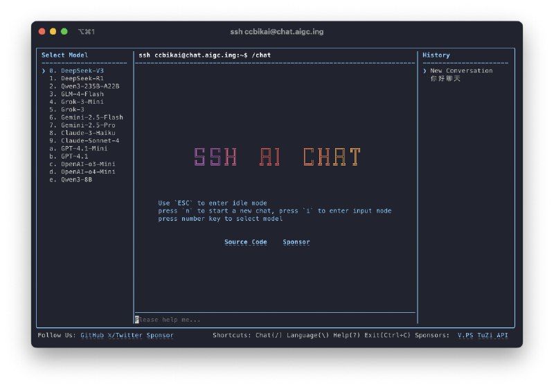 SSH AI Chat 开源了，通过 SSH 终端与 AI 聊天使用 `ssh username@chat.aigc.ing` 即可体验，username 换成你的 GitHub 用户名