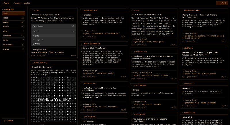 Poche  一个基于 Slack 的团队 AI 书签分享工具由设计大佬 duxiao 团队开发，使用 AI 自动整理分析 Slack 频道中的链接发布到网站，形成一个可检索的知识库，遗憾的是目前还没有 RSS