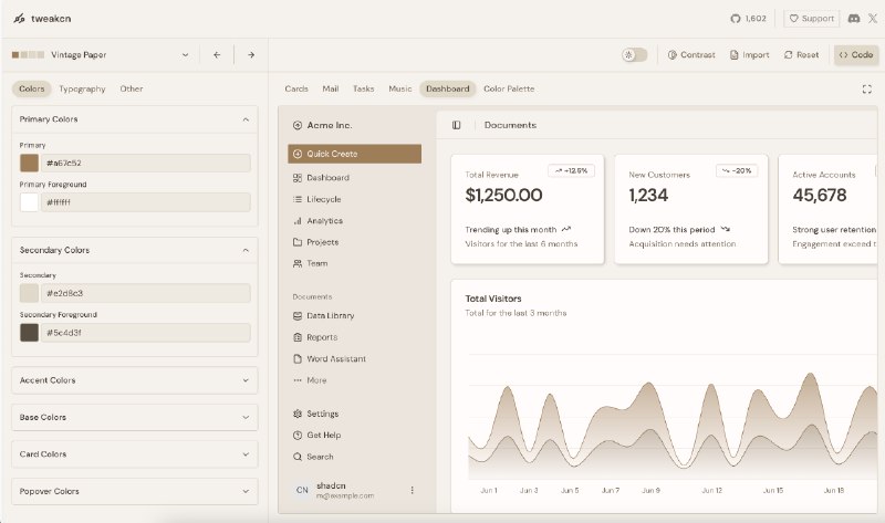 tweakcn 是用过的 shadcn-ui 主题工具中最好的一个通过预置主题简单修改就可以预览得到自己的主题，而不是那种随机 1000+ 主题而且还支持导入导出🔗 
