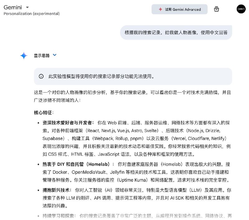 让 Gemini 根据搜索记录给自己画了一个人物画像，感觉 AI 比我更了解我自己