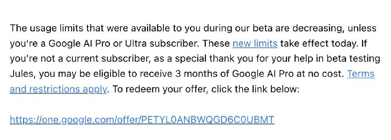 Google Jules 结束内测了，不过给参与内测的用户送了三个月 Google AI Pro 会员