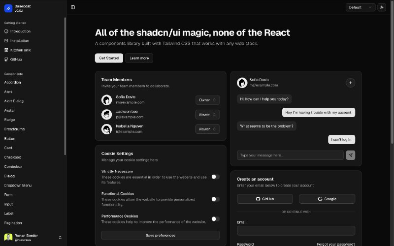 Basecoat 一个 CSS 优先的 shadcn UI 组件库，只在少量偏交互的地方使用了 Alpine.js 如果你的项目是 Astro , 想较少的使用 JS 的时候推荐使用