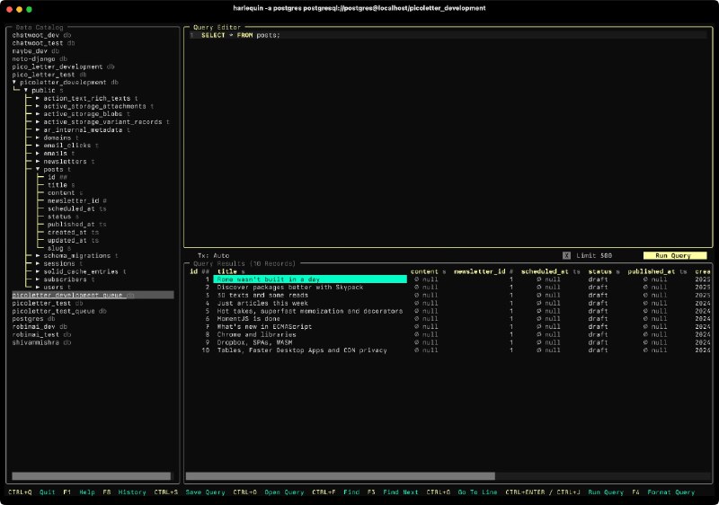 Terminal App 内能干什么？查看系统状态: btop管理 Git: lazygit管理文件: superfile/yazi管理 Docker: lazydocker管理数据库: harlequin TerminalApps 收集了不少强大的 Terminal App， 有兴趣的可以看下🔗 